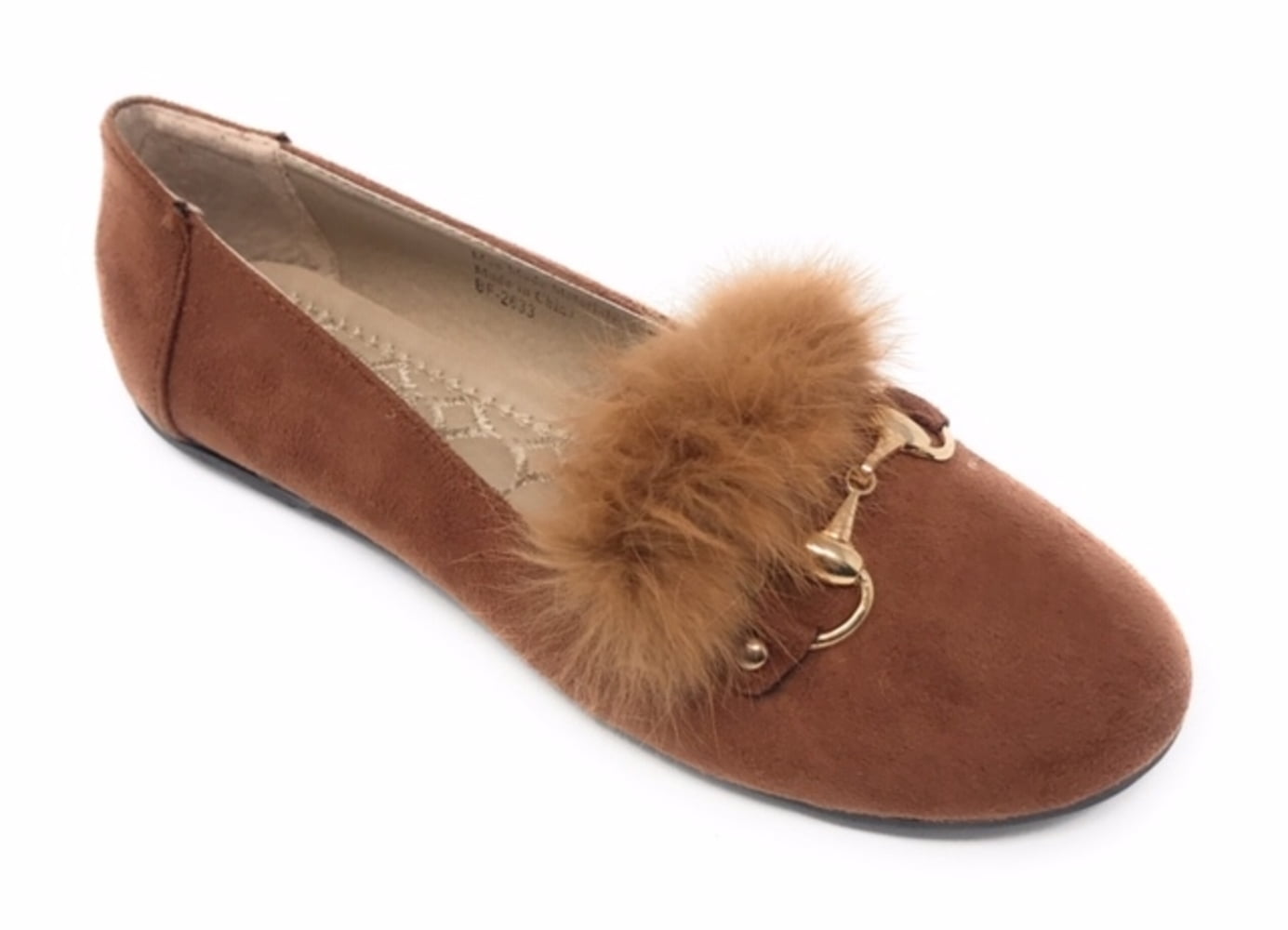 Women’s Loafer Flats with Faux Fur and Gold Chain Accent – Soft Suede-Like Slip-On Shoes – Comfortable Casual Dress Flats for Work, Office, Travel, or Everyday Wear