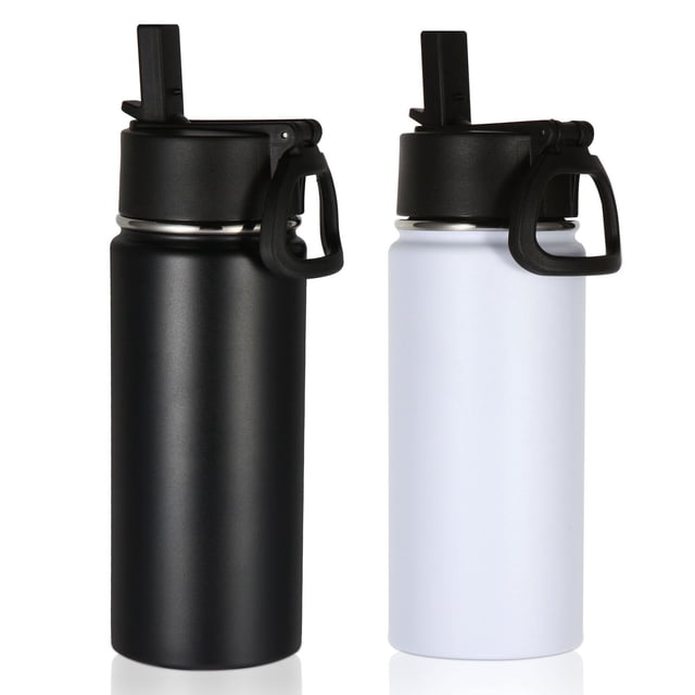 Volhoply - Botella de agua para niños de 16 onzas, paquete de 2 unidades, botellas deportivas aisladas con tapa de popote, botella de acero inoxidable con asa para mantener el frí
