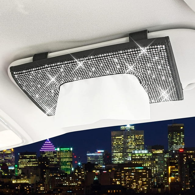 ZHAOCHENG paquete de soporte para caja de pañuelos para visera de coche, servilletero de cristal brillante, caja de pañuelos de piel sintética para asiento trasero, accesorios de coche para mujer, dia