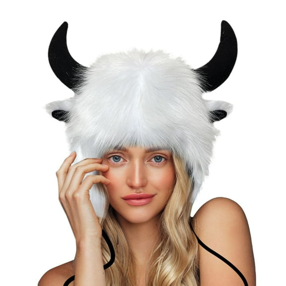 Winter Faux Fur Hat Womens Cute Animal Horns Ears Plush Trapper Hats Funny Christmas Halloween Snow Cap White