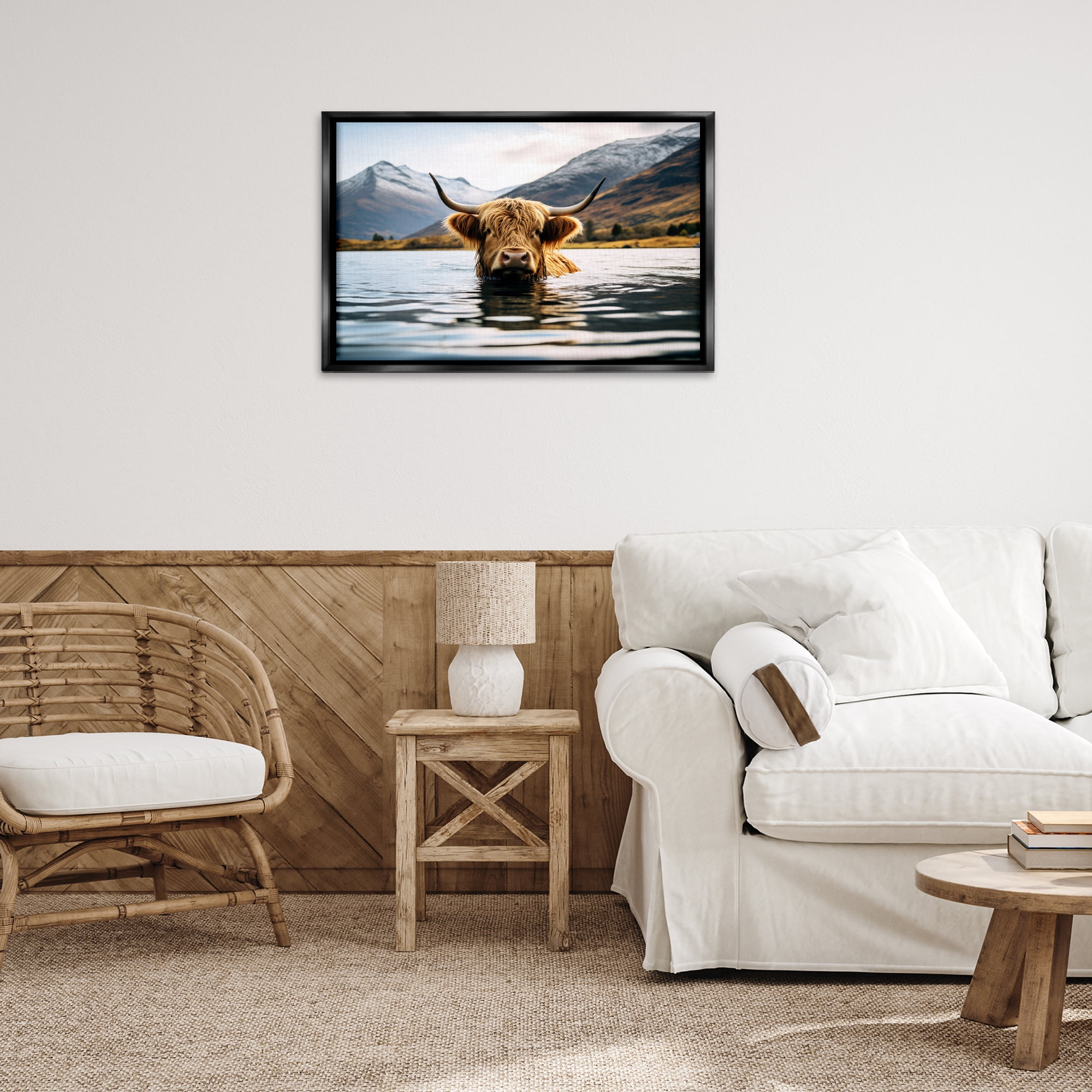 Stupell Industries Cattle Peeking from Water Animals Photography Black Floater Framed Canvas Art Print Wall Art, 31 x 21