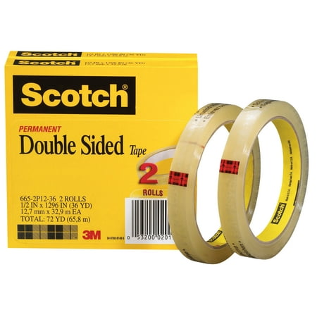 Scotch 665 Double-Sided Tape, 0.50 x 1296 Inches, Clear, Pack of