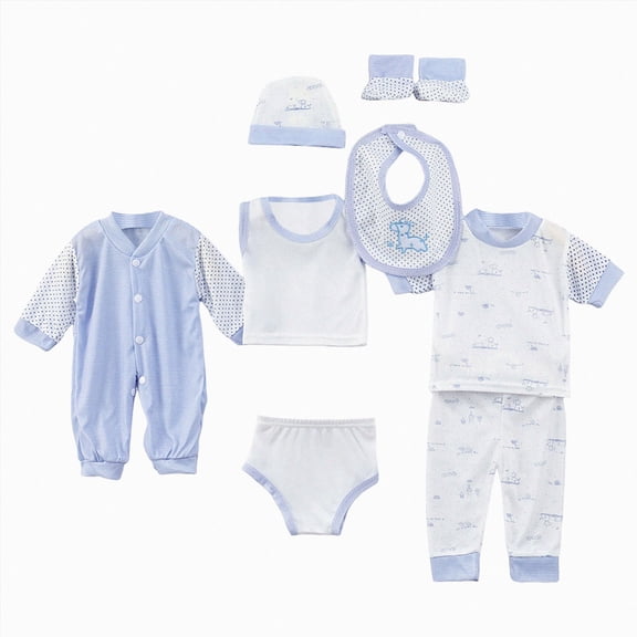 TAmten Preemie Girl Clothes 8PCS Newborn 0-3M Boys Girls Baby Cotton Clothes Bib Tops Hat Pants Romper Sock Shoe Suit Outfit Sets OneSize Blue ,0-3 Months