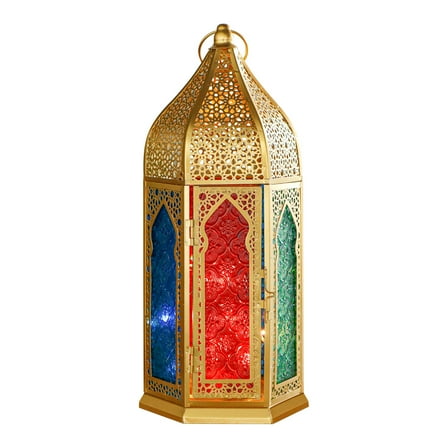Moroccan Lantern – 15'' Gold Hexagonal Candle Lantern with Tempered Glass Decorative Indoor Outdoor Ramadan Lantern