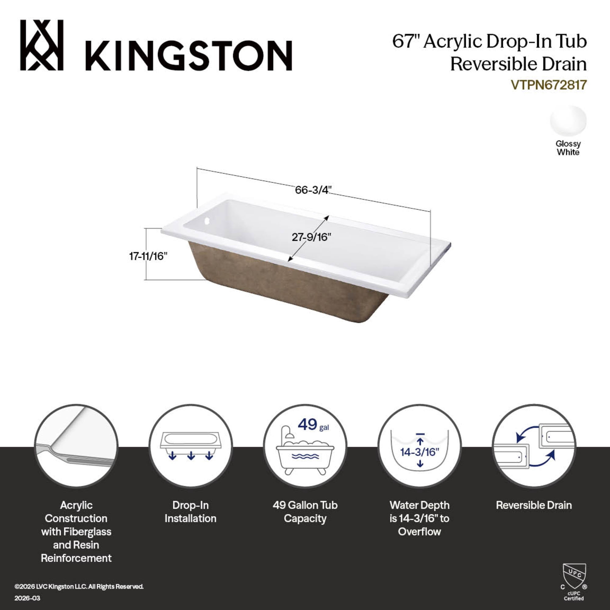 Kanabanana38サイズ Aqua Eden VTPN672817 67-Inch Acrylic Rectangular Drop-In Tub with