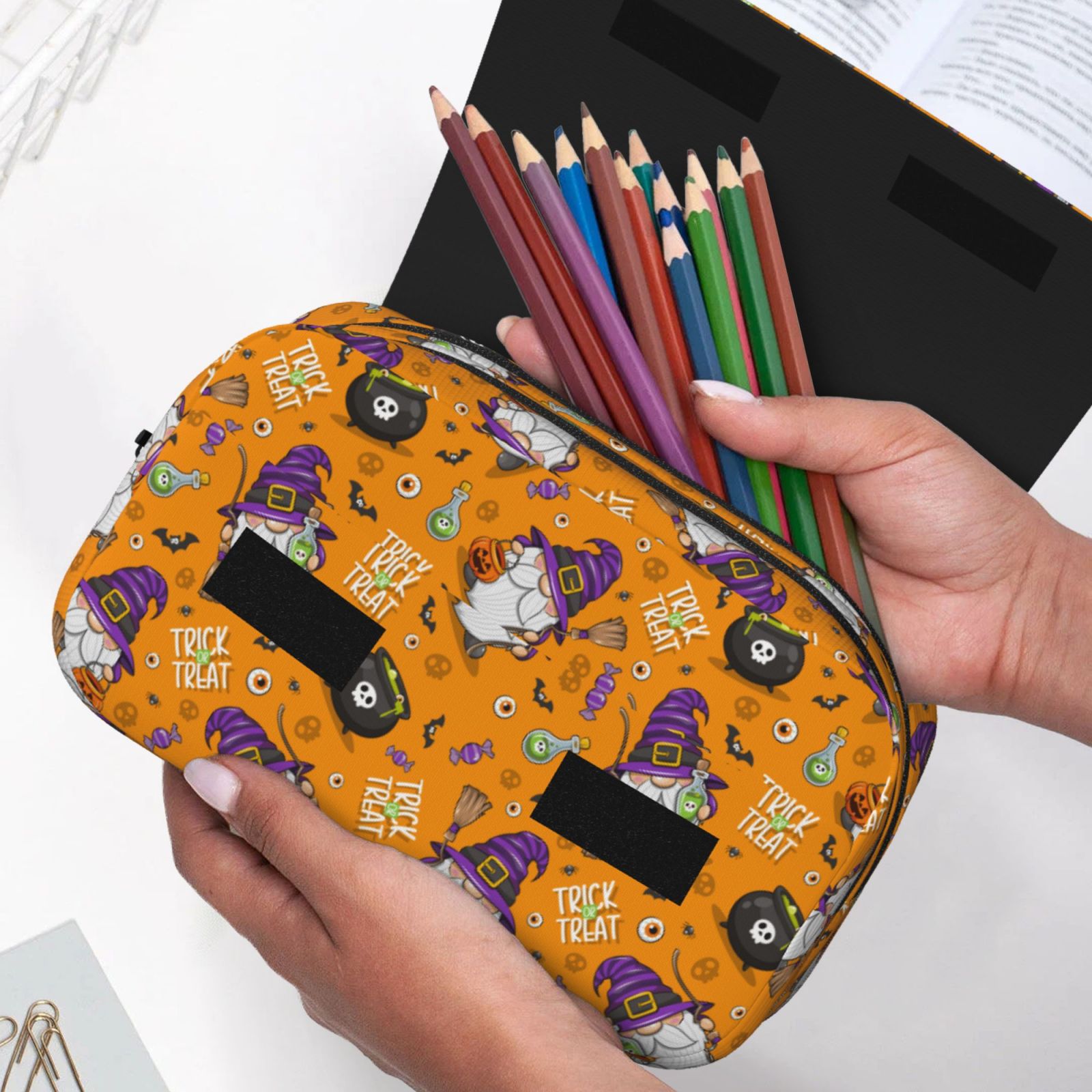 Rateoe Halloween Witches Gnome Pattern Double Clamshell Pen Case, Storage Organizer with Two Zipper Compartments– Holds Up to 50 Pencils & Pens