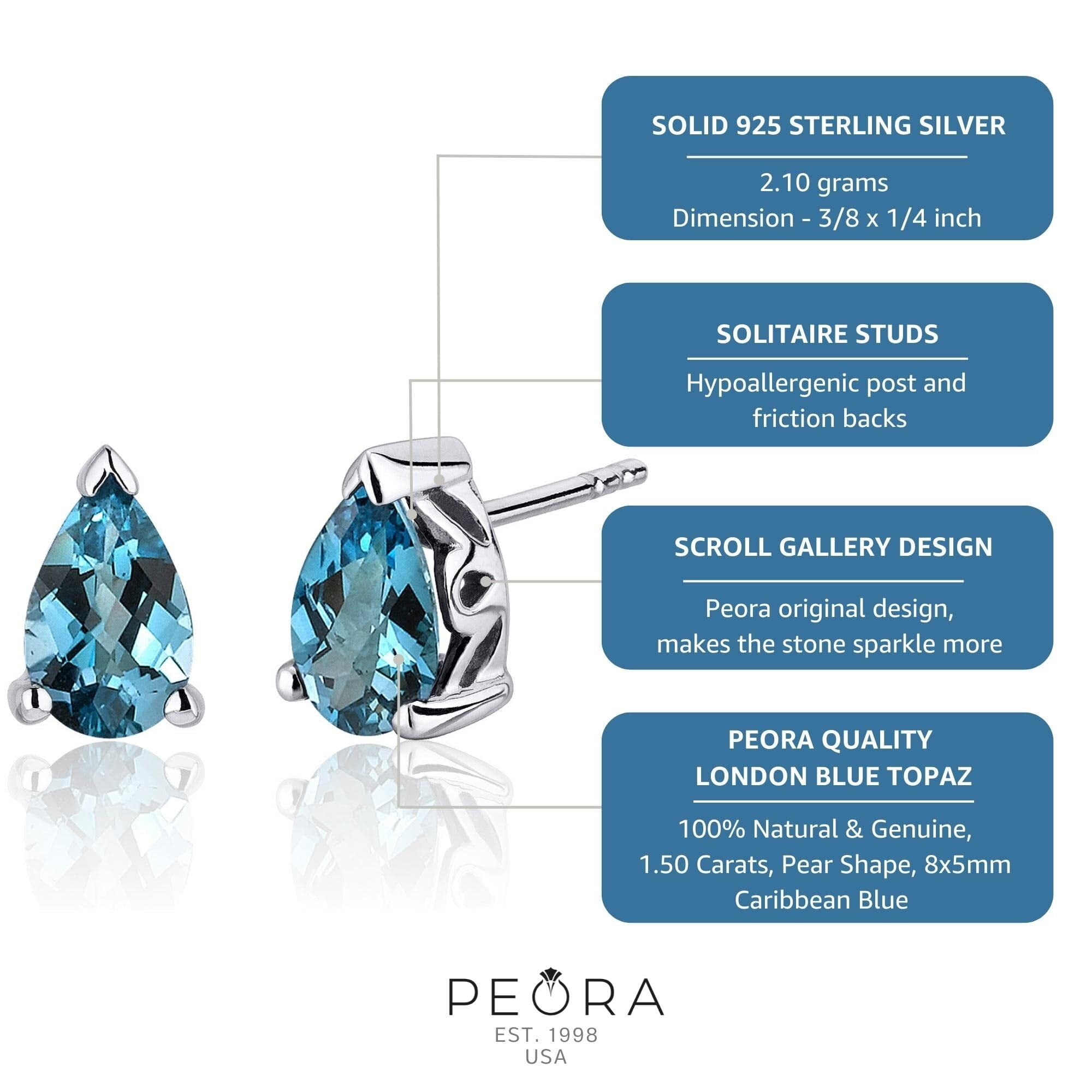 Peora London Blue Topaz Stud Earrings 925 Sterling Silver, Solitaire Scroll Gallery, 1.50 Carats Total, Teardrop Pear Shape 8x5mm, Friction Backs , December Birthstone Earrings , Blue Studs