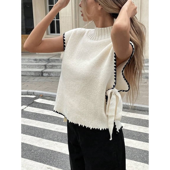 Women's Sweater Vest, Sleeveless Loose Fit Knit Top with Side Slit and Tie, Fitted Outerwear for Commute and Daily Wear