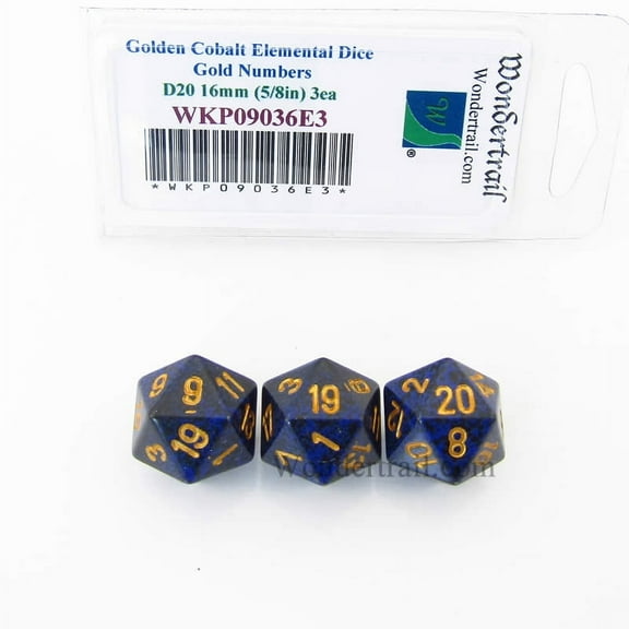 Golden Cobalt Elemental Dice with Gold Numbers D20 16mm (5/8in) Pack of 3 Wondertrail