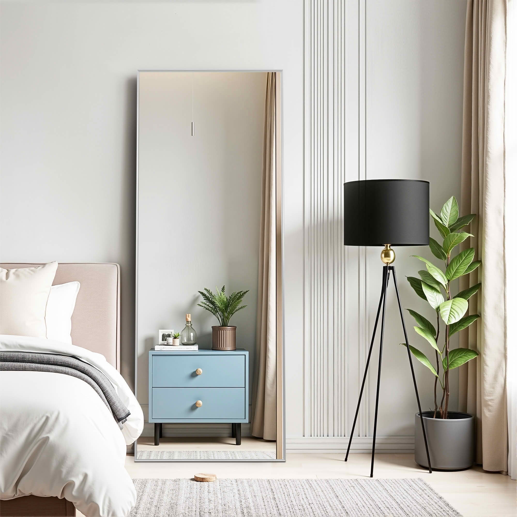 MAYEERTY 64x21x1 Inch Silver Thin Edge Aluminum Right Angle Rectangular Full Length Mirror with Stand for Bedroom