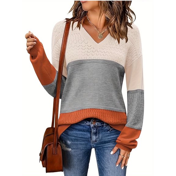 Women autumn/winter sweater casual long sleeve rib knitted pullover v-neck lightweight pullover sweater top
