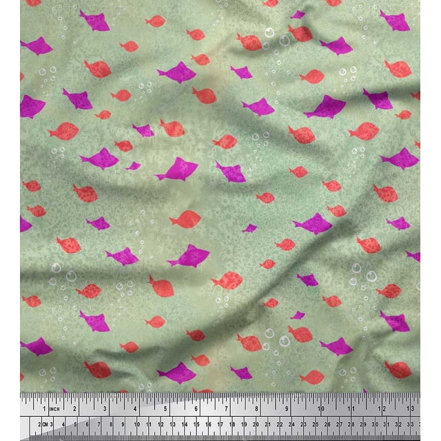 Soimoi Poly Georgette Fabric Bubbles & Fish Ocean Print Fabric by Yard 42 Inch Wide
