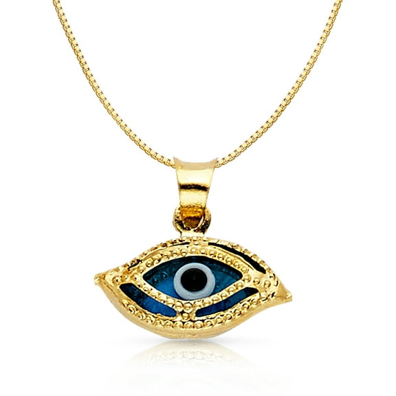 14K Yellow Solid Gold Evil Eye Charm Pendant with 1mm Box Chain Necklace - 16"