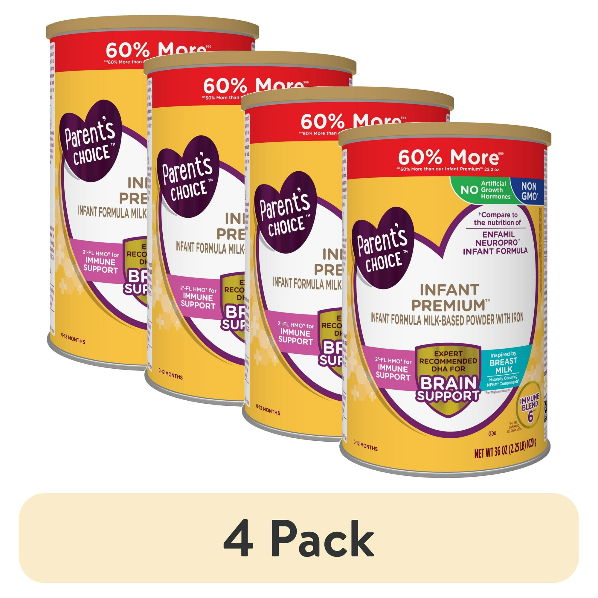 (4 pack) Parent's Choice Infant Premium Baby Formula Milk-Based Powder with Iron, 36 oz
