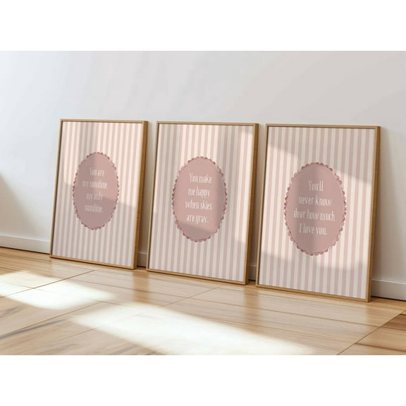 UNFFRAMED You Are My Sunshine Nursery Rhyme Wall Art, Girl Room Decor, Vintage Striped Print, Pink You ll Never Know Dear Playroom Prints Set 3 Prints 8x12