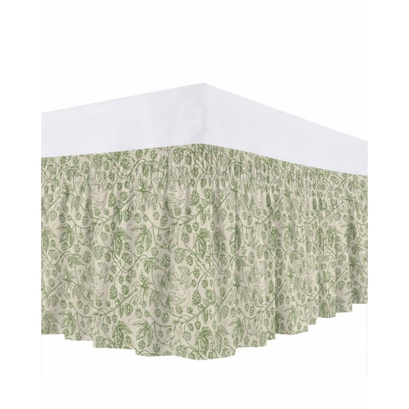 Vintage Wallpaper Bed Skirt Queen Size 18 Inch Drop, Green Leaf Flower Plants Texture Adjustable Elastic Dust Ruffles Bedskirt for Queen Bed Wrap Around Pleated Mattress Frame Cover