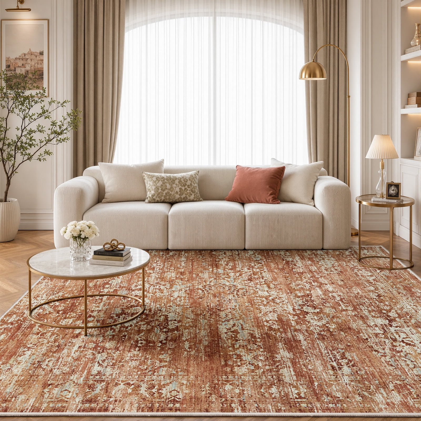 CHITOOMA 6'x9' Area Rugs, Washable Rugs for Living Room Non-Slip Low Pile Soft Distressed Abstract Rug, Indoor Vintage Neutral Carpet for Bedroom Dining Room Dorm Office, Red