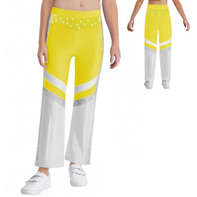 Manyakai Kids Girls Shiny Rhinestone Flared Leggings Pants Jazz Hip Hop Dance Performance Bell Bottom Disco Party Trousers Fluorescent Yellow 8