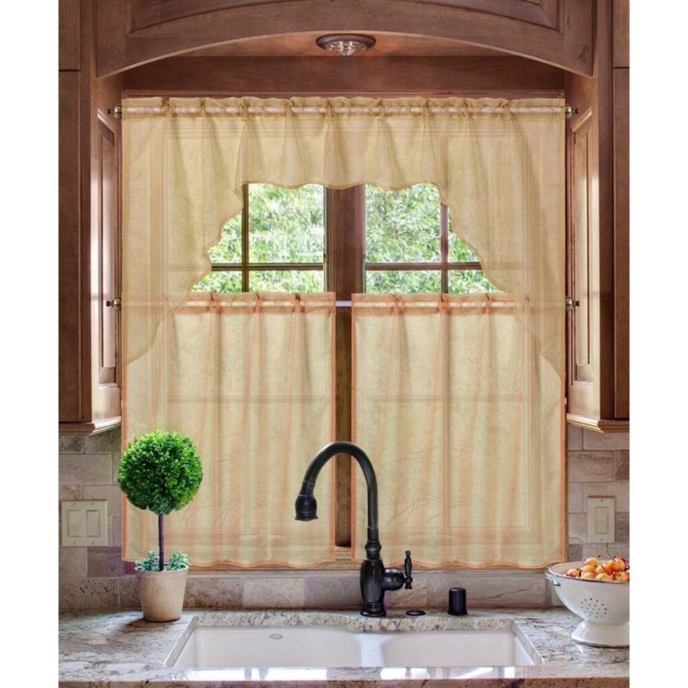 K66 TAUPE 3PC Luxurious Sheer Organza Kitchen Rod Pocket Window