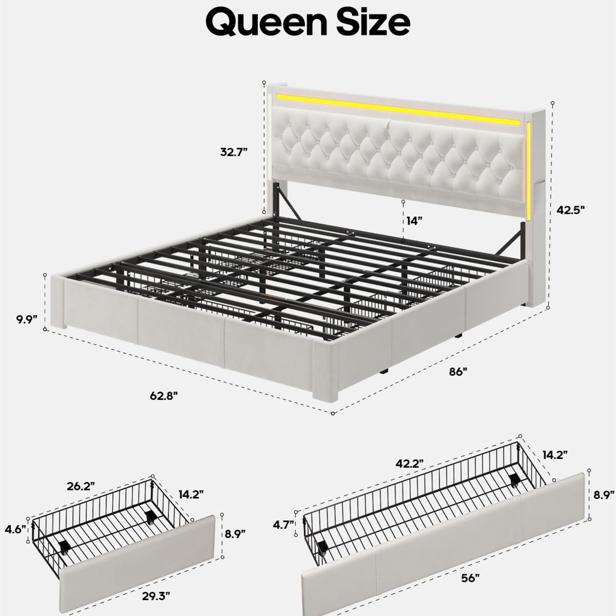 Queen Size Bed Frame with 5 Storage Drawers and Storage Headboard with RGB Lights & Charging Station, Velvet Upholstered Platform Bed Queen Size, No Box Spring Needed, Noise-Free,White