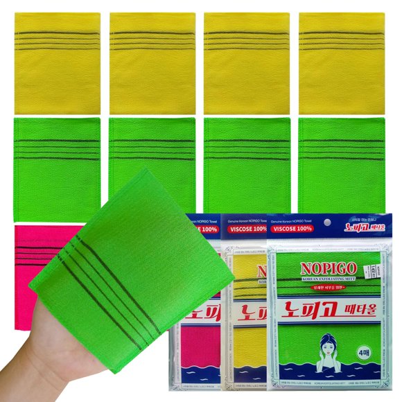 NOPIGO El guante exfoliante corporal original coreano, 12 piezas (verde4 rojo4 amarillo4). Toallita de baño exfoliante asiática para piel muerta, esponja de baño, guante exfoliante corporal.