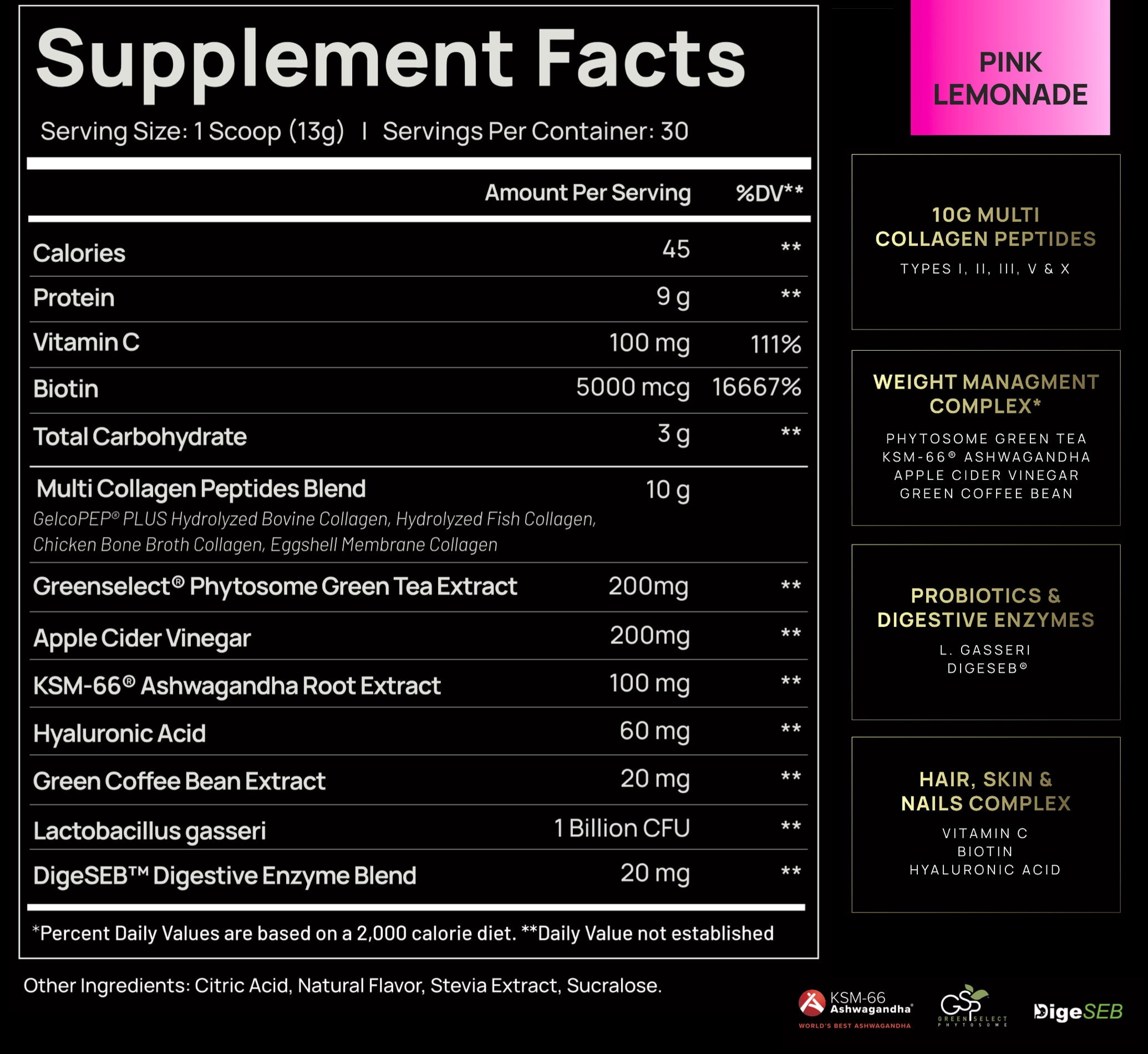 ELMNT Super Collagen Burn Powder for Women w. Hyaluronic Acid, KSM66, Apple C Vinegar, Probiotics, Biotin (Pink Lemon