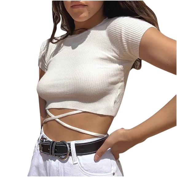Samickarr Crop Tops For Women Summer Round Neck Short Sleeve Knit Ribbed Front Cross Back Waist Lace-up Casual Basic Slim Fit Solid Color Tank T Shirts