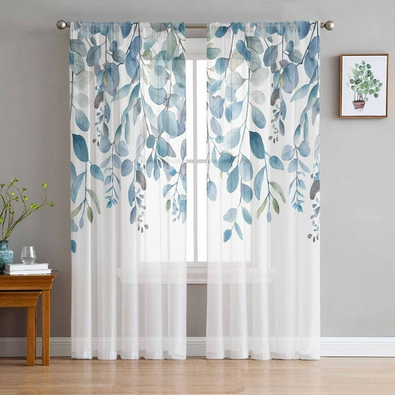 Blue Eucalyptus Leaves Semi Sheer Curtains 96 Inch Length 2 Panels Set, Watercolor Botanical Weeping Sheer Kitchen Curtain Privacy Voile Window Curtain for Living Room Bedroom Rod Pocket Drapes