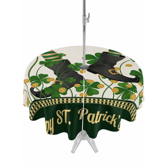 Outdoor Tablecloth with Umbrella Hole and Zipper, Happy St. Patrick's Round Table Cloth 54 Inch Waterproof Tablecloth, Legs Coin Green Shamrock Leaf Vintage Picnic Table Cover for Patio Camping
