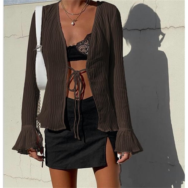 Txlixc Camisa plisada para mujeres, cuello V profundo de manga larga, fiesta callejera sólida, blusa de verano con volantes de cuerda Txlixc moda