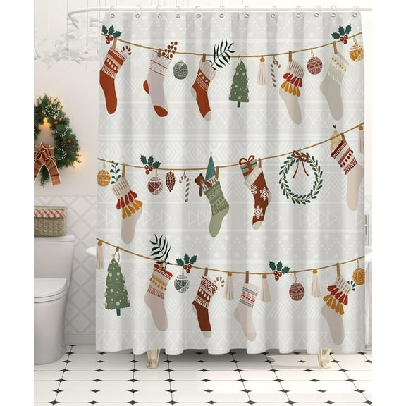 Christmas Shower Curtains for Bathroom, Merry Xmas Stocking Colorful Boho Polyester Fabric Bathtub Curtain with Hooks,72×72 Inches