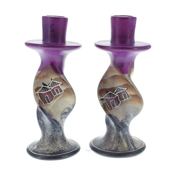 Pair of Handpainted Village Huts Soapstone Candle Holders 6 inches