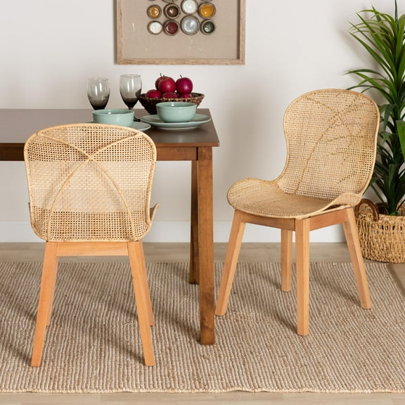 Bali & pari Sabelle Rattan and Mahogany wood Japandi Dining Chairs, Set of 2, Natural Brown