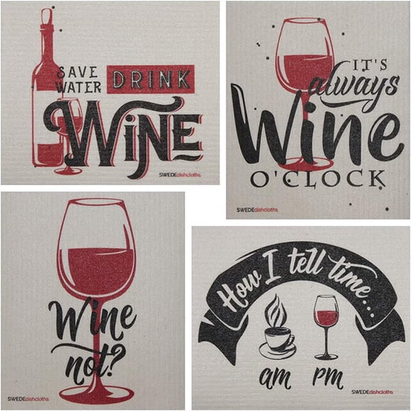 Wine Time Sayings Set of 4 Cloths (One of Each Design) Swedish Dishcloths | ECO Friendly Absorbent Cleaning Cloth | Reusable Cleaning Wipes