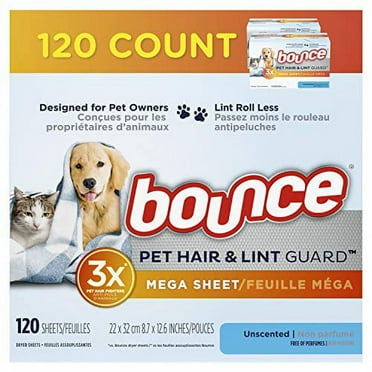 Bounce Pet Hair and Lint Guard Mega Dryer Sheets for Laundry Fabric Softener with 3X Pet Hair Fighters Unscented Hypoallergenic 120 Count