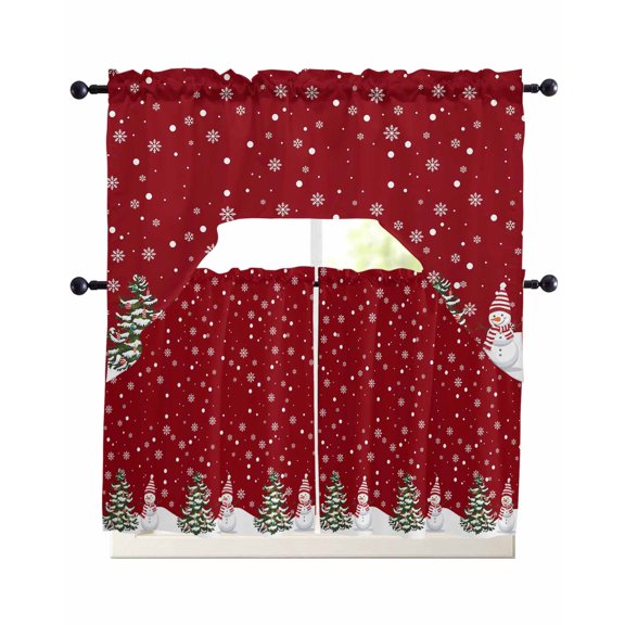 Christmas Snowman Swag Kitchen Curtains Sets for Windows 24 Inch Length, Winter Xmas Trees Snowflakes Red Short Window Curtain Panels Swags Valances and Tiers 3 Piece Set for Cafe/Dining Room