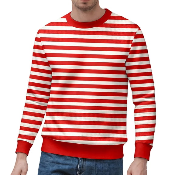Fall Sweatshirts for Men Red And White Striped Crewneck Casual Long Sleeve Pullover Clothes Workout Shirt Size L