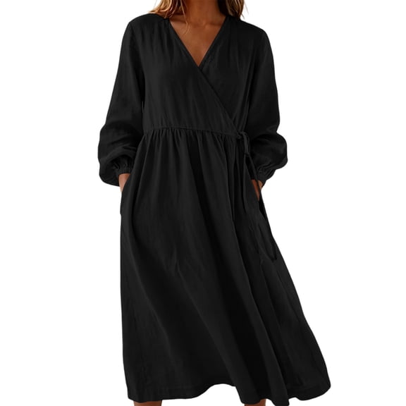 SETOOFF Women V Neck Wrap Midi Dress Long Elastic Cuff Sleeve Tie Waist Loose A Line Dress with Side Pockets Casual Summer Fall Beach Travel Weekend Shopping Outdoor Vacation Daily Outfits