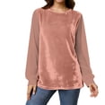thumbnail image 2 of Sweatshirt for Women Crewneck Long Sleeve Loungewear Loose Fit Velvet Texture Chiffon Sleeve Patchwork Elegant Basic Fall Tops, 2 of 7