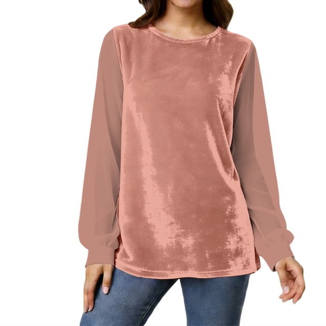 Haut en Velours pour Femmes Col Rond Blouse à Manches Longues en Mousseline Patchwork