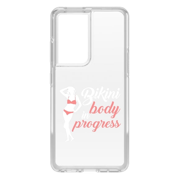 DistinctInk Clear Shockproof Hybrid Case for Galaxy S21 ULTRA 5G (6.8" Screen) - TPU Bumper Acrylic Back Tempered Glass Screen Protector - Bikini Body in Progress