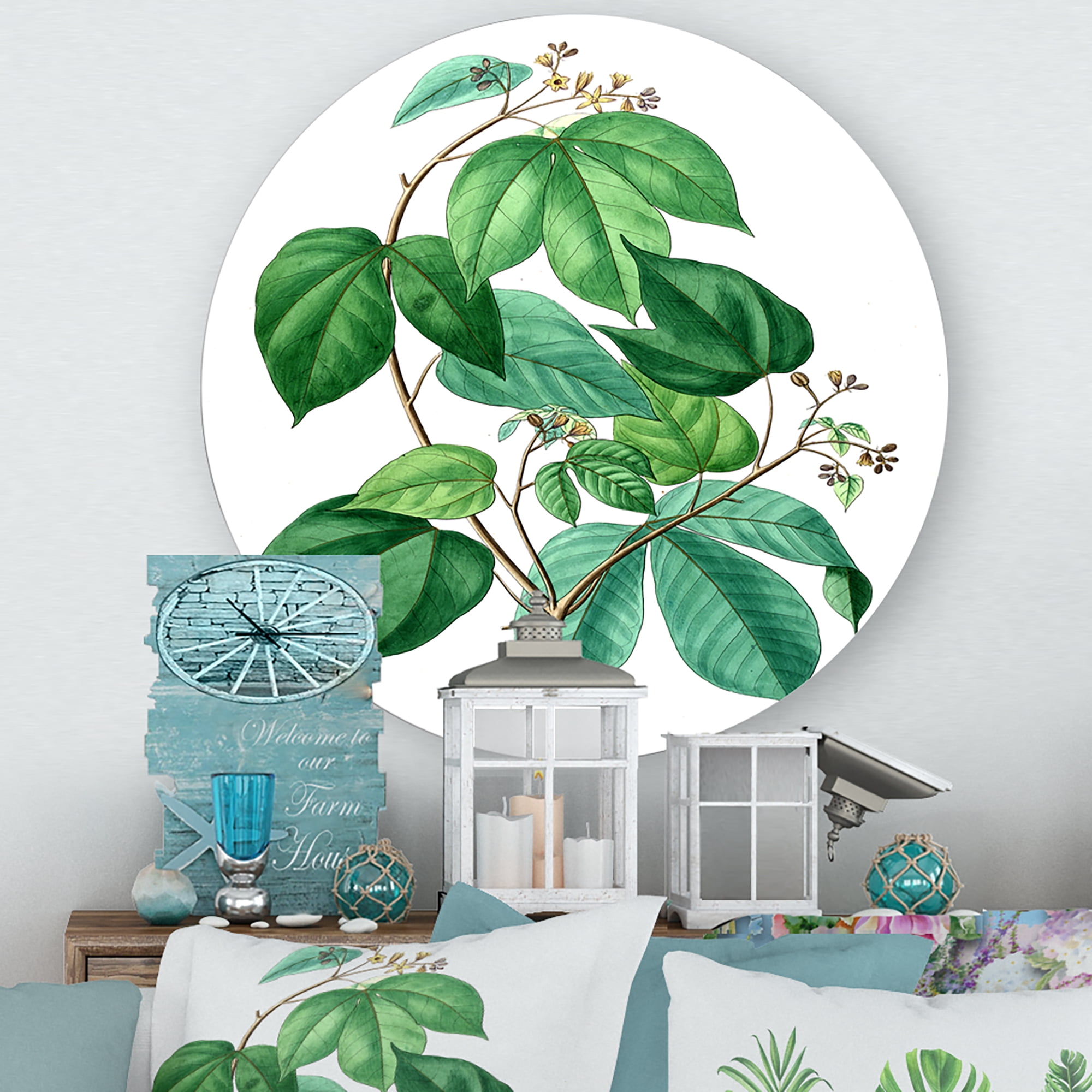 Designart 'Ancient Green Leaves Plants III' Traditional Circle Metal Wall Art 11x11 - Disc of 11