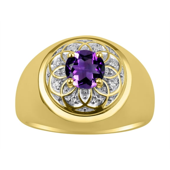 RYLOS Men's Rings 14K Yellow Gold Designer Gypsy 7MM Round Gemstone & Diamond Ring Amethyst February Birthstone Size 8