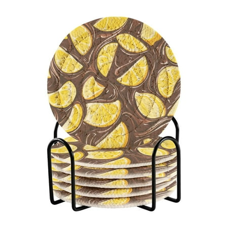 

Coil Coasters Set of 6，Lemon Chocolate Pattern3.94-inch diameter printed on one side non-slip heat-insulating moisture-wicking home accessory.