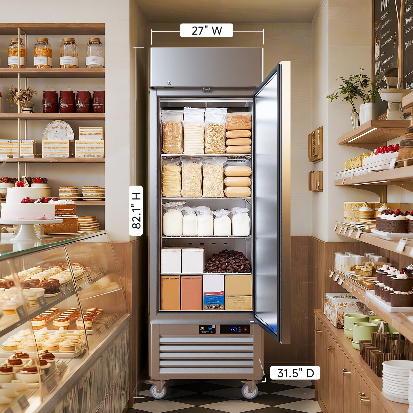 VEECOOL 27" WiFi Enabled Commercial Freezer Upright with App Control, 23 cu.ft. Stainless Steel Single Door Reach-in Freezer with 4 Shelves, Right Hinged Door, Auto Defrost, ETL&ETL Sanitation
