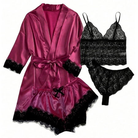 Levmjia Women s Pajama Sets Pajama Tops and Pajama Bottoms 4-Piece Women Sexy Garter Lingerie Set Robes Lace Bodysuit Deep-V Neck Underwear