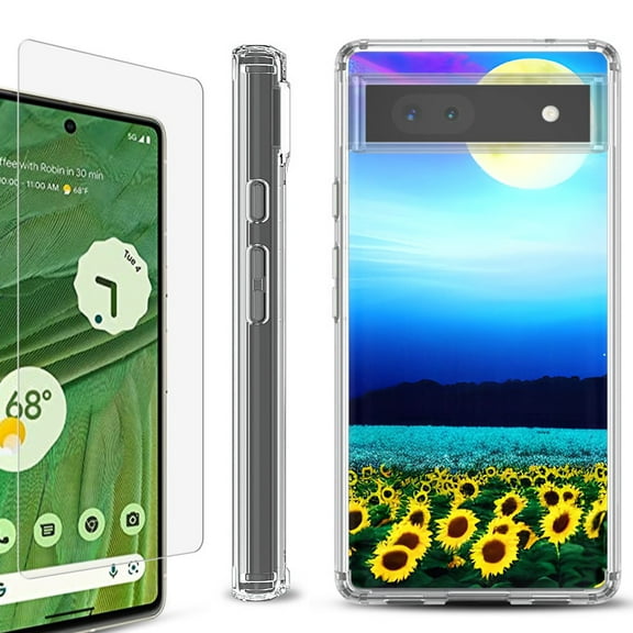 Shockproof Bumper Phone Case for Google Pixel 6a, with Tempered Glass Screen Protector, by OneToughShield ® - Sunflower Moon