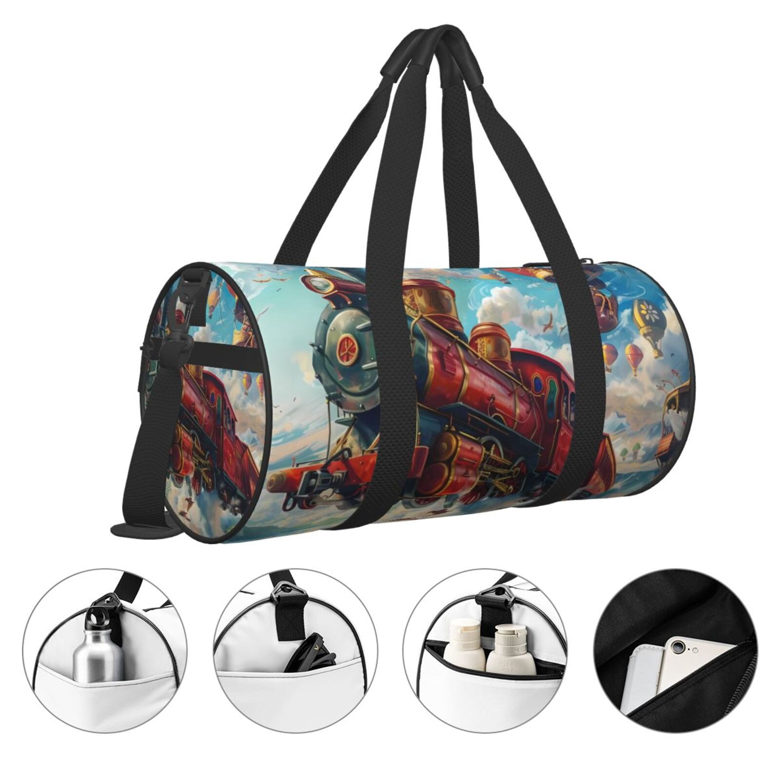 Vsdgher Beautiful Red Train Hot Air Balloon 45L Foldable Duffel Bag, Sports Gym Bag,Overnight Bag, Portable Weekender Bag for Airplanes