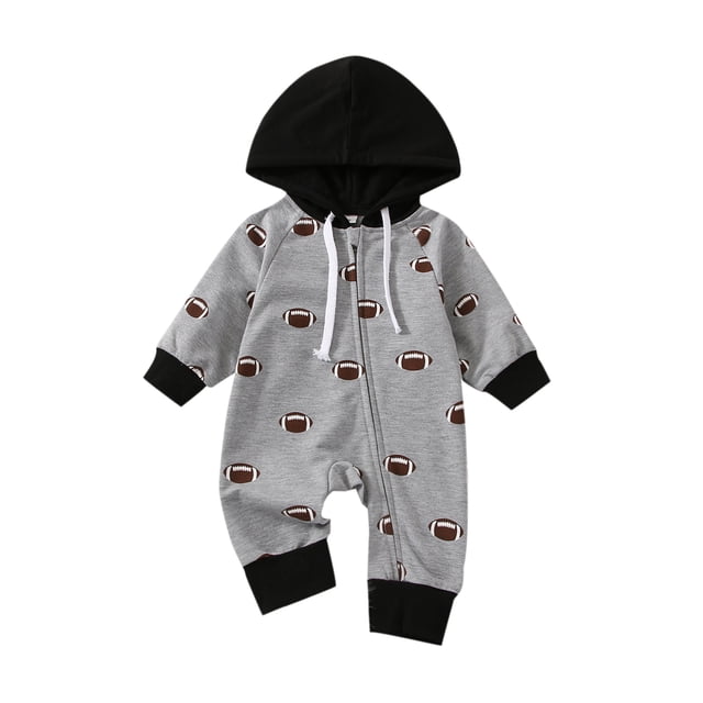 goowrom Bébé Garçon Printemps Automne Casual Combinaison Gris Rugby à Manches Longues Imprimé à Capuche Combinaison