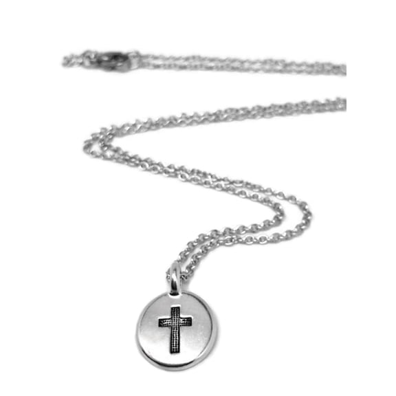 Small Silver Pewter Cross Charm Necklace Stainless Steel Chain
